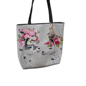 Green box art and Culture Tote bag LLamas 14 "x 13" Blue Pink